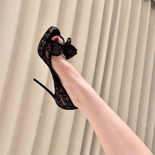 Mesh Lace Embroidered Bowknot Platform Sandals For Women
