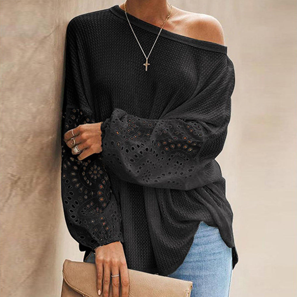 Europæisk og amerikansk løs, diagonal krave, udhulet langærmet off-shoulder top