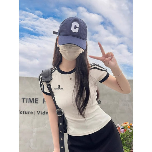 Kvinders Bm Hot Girl Talje Broderet Rund Hals Kortærmet T-shirt Top