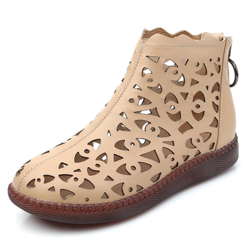 Middle-aged Cowhide Ethnic Style Round Toe Large Size Ankle Boots