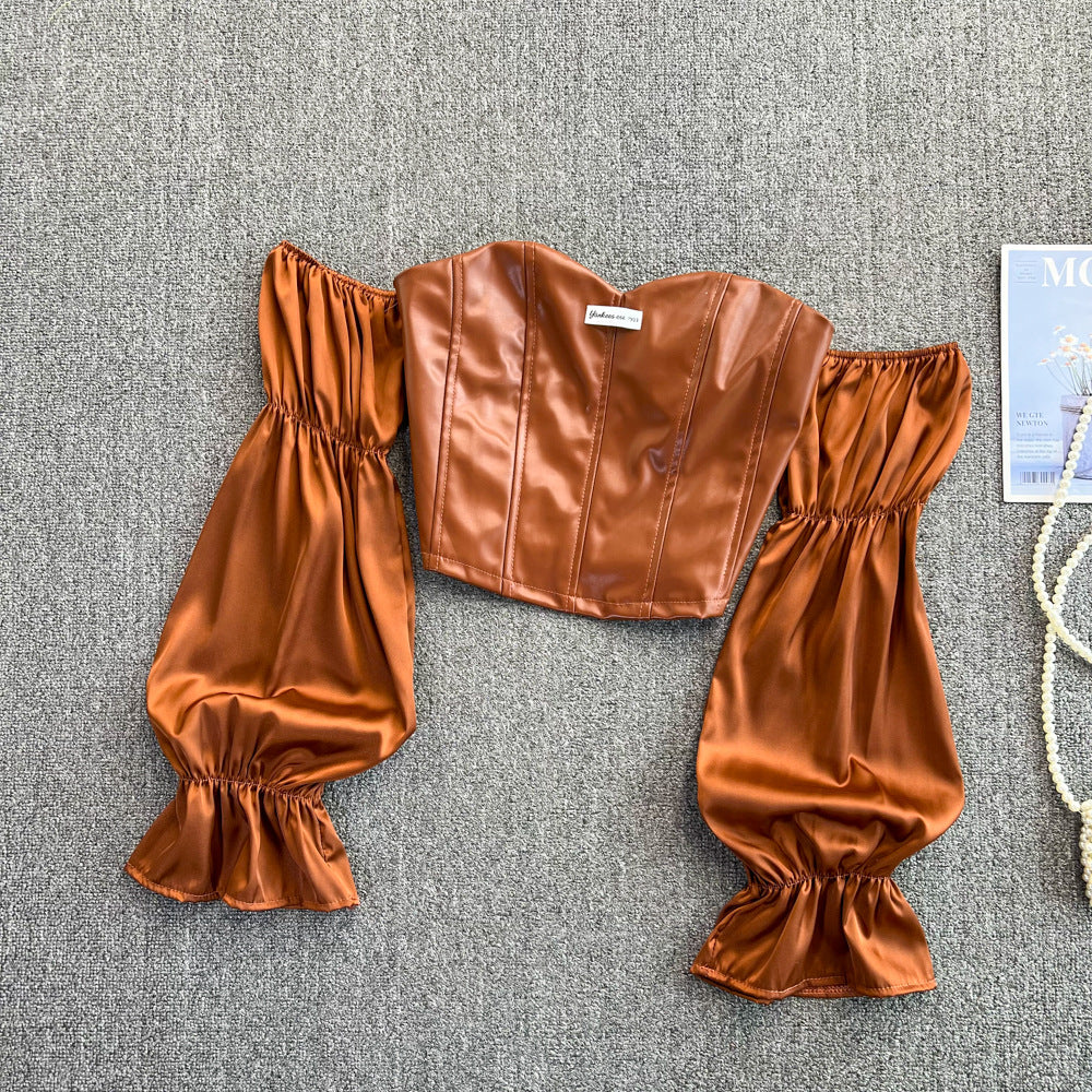 One-shoulder Leather Short Korean Style Top