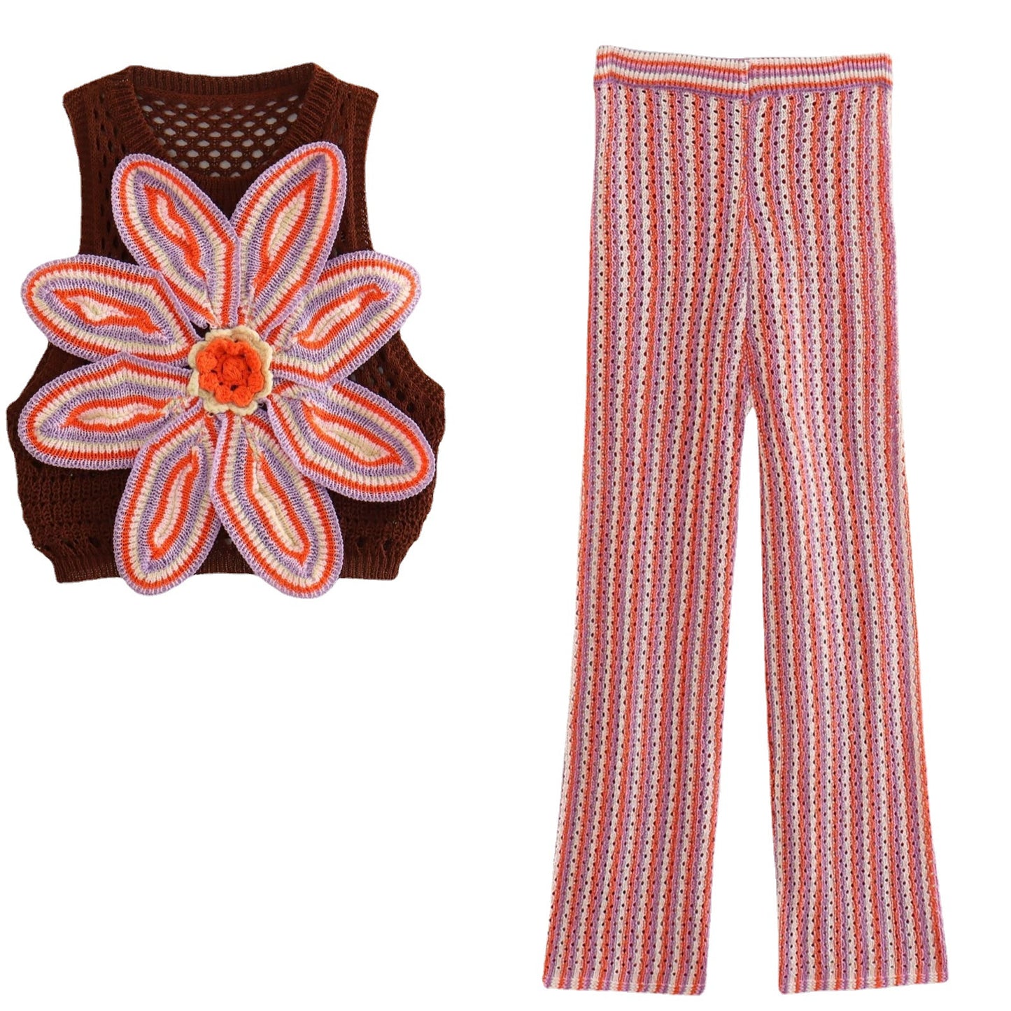 Flower Decorative Knitted Short Top Hollow-out Suit