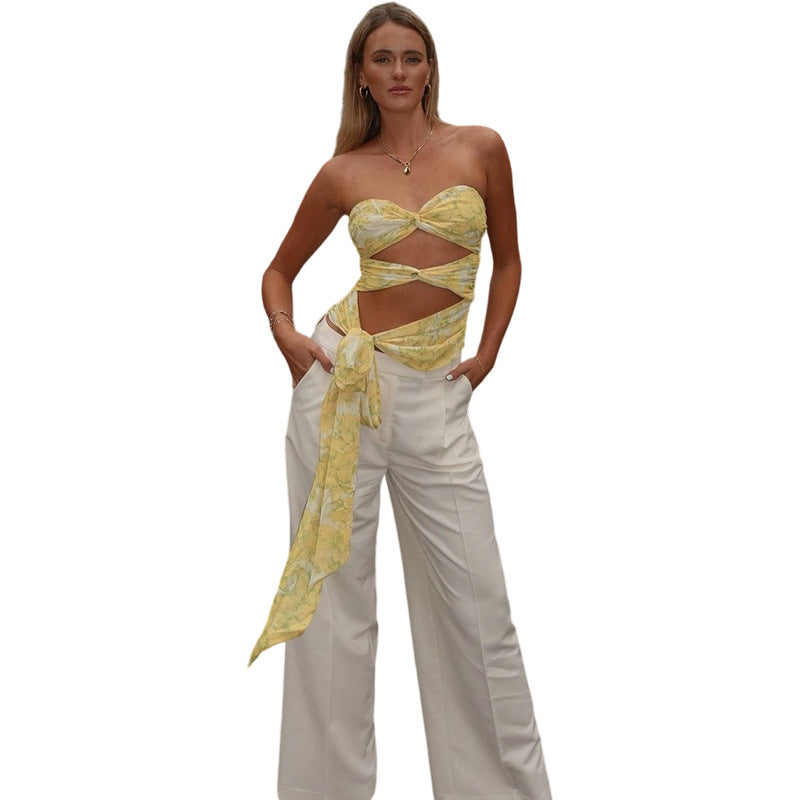 Resort-style Strapless Backless Hollow-out Printed Halterneck Vest For Women