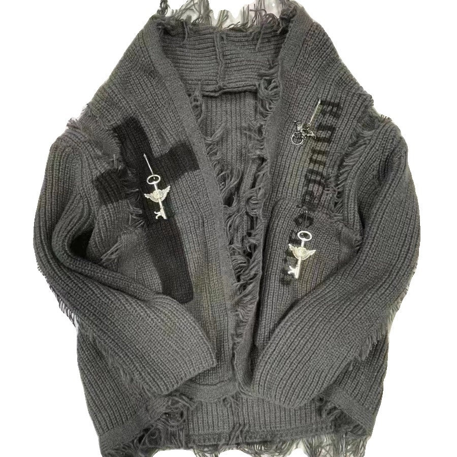 Dark Asian Culture Retro Distressed Cardigan Sweater