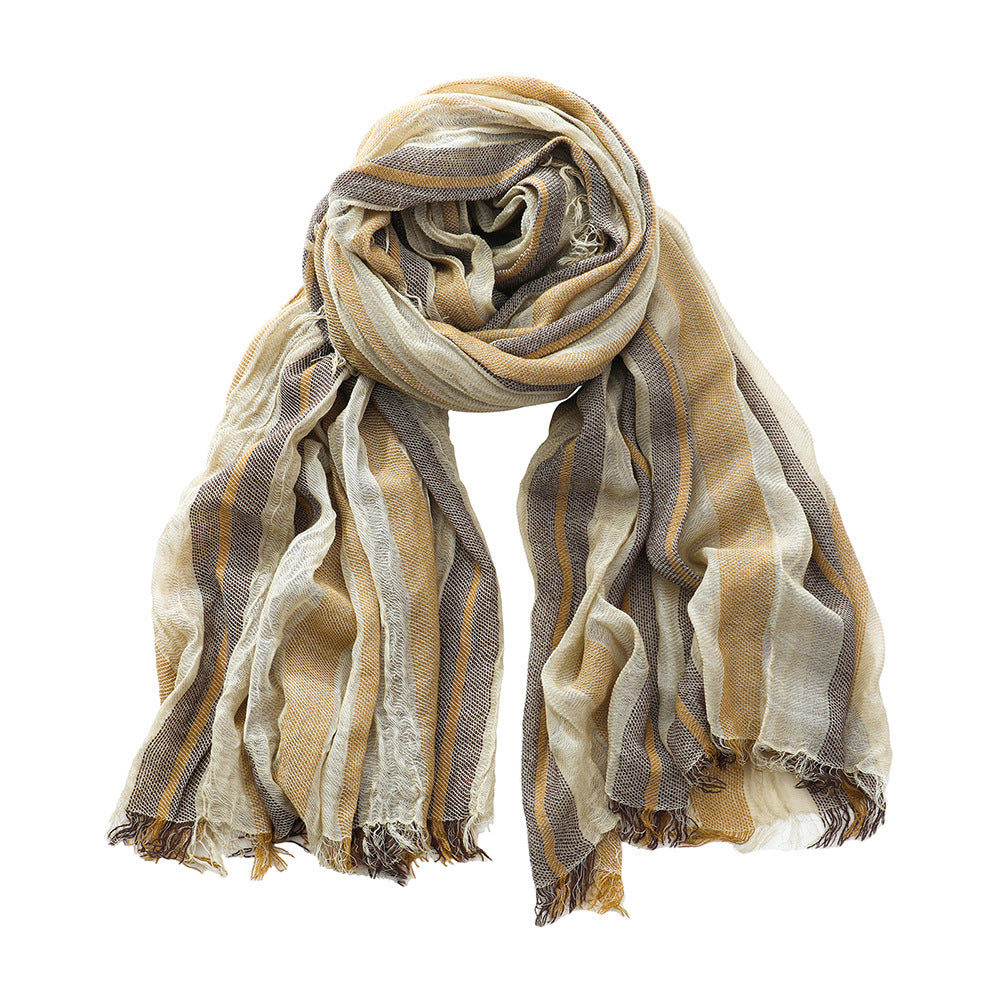 Retro Artistic Cotton And Linen Scarf Unisex Mixed Color Stripe Long