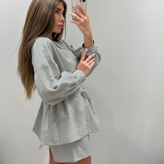 Womens Loose And Cozy Cotton Long-Sleeve Cardigan And Shorts Set