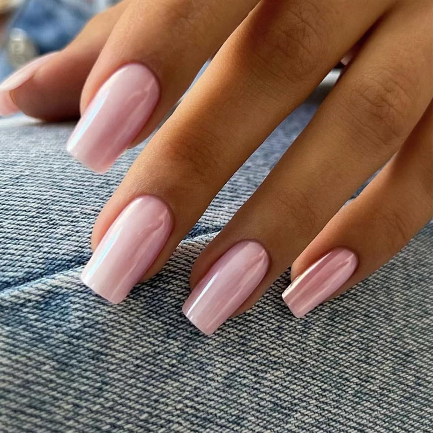 Press on Nails Medium Square Chrome Acrylic Glossy Glue on Artificial Squoval Aurora Pearl Flash Stick on False Nails with Design 24 Pcs