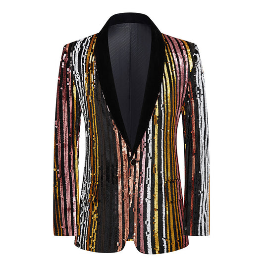Colorful Sequins Performance Costumes Men's Singer Host Nightclub Dress Stage Performance Slim Fit Trendy Suit Coat