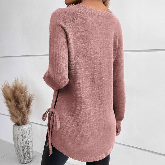 Round Neck Elegant Side Lace-up Long Sleeve Pullover Sweater