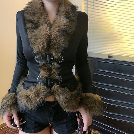 Retro Fuzzy Patchwork Leather-Button Cinched Waist Cardigan