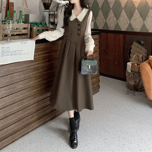 Womens French-Style Retro Patchwork Mock Two-Piece Dress