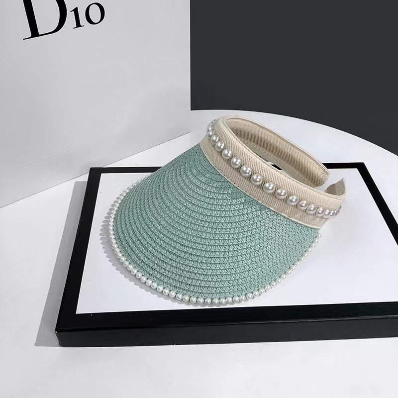 Empty Top Sunshade Pearl Straw Hat Women Lace