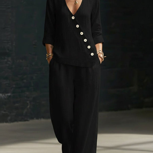 Loose-fitting V-neck Cross-over Shirt And Wide-leg Pants