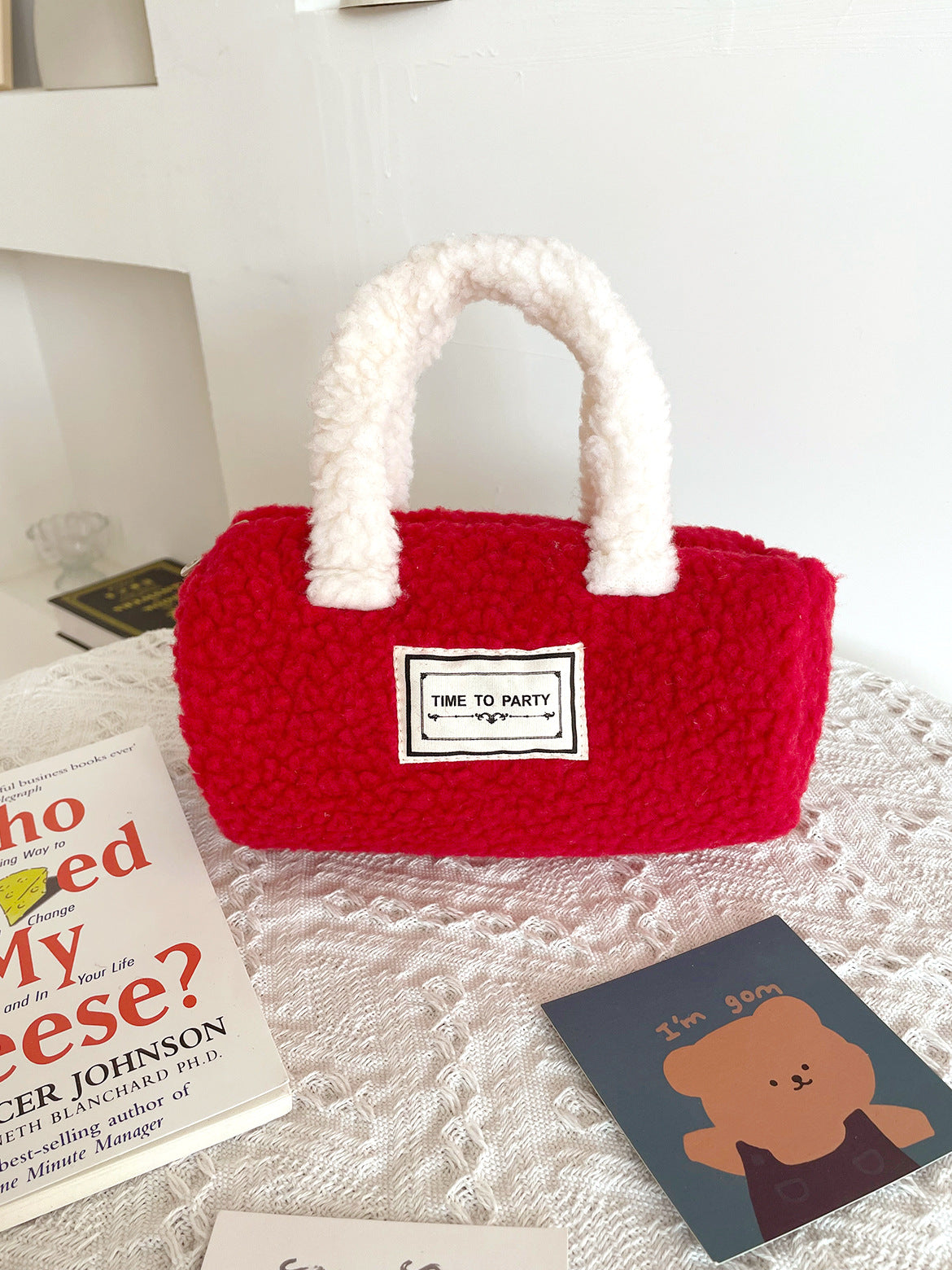 Plush Small Red Envelope Contrast Color Lamb Wool Hand Bag