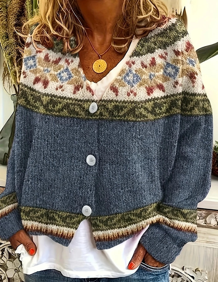 Digital Printing Thick Needle Women's Large V-neck Cardigan Short Long-sleeved Sweater