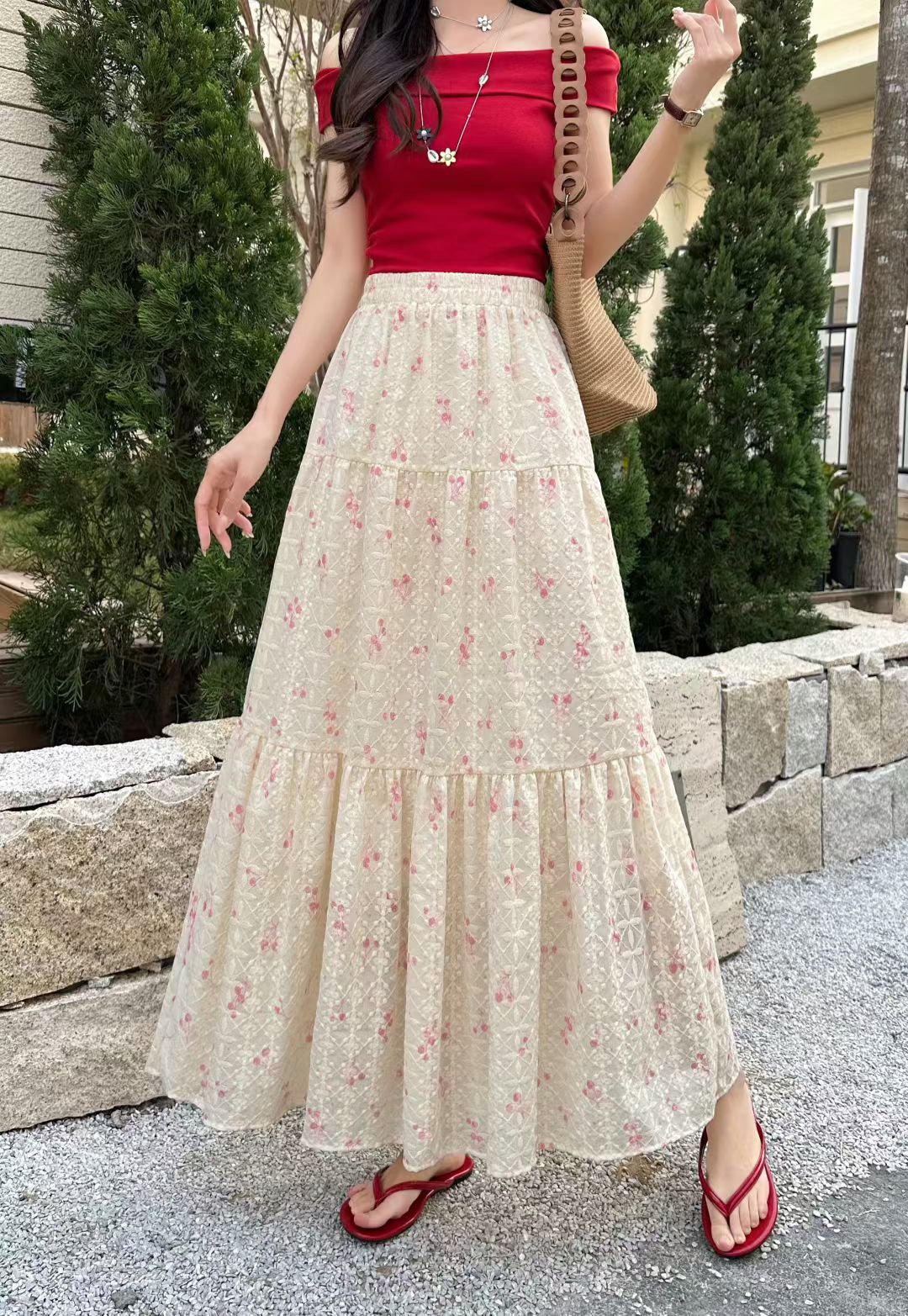 Thin Highwaisted Flattering Floral Midi Skirt For Women