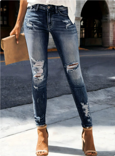 Women'S Jeans Slim Slimming Ripped Sexy Mid-Rise Denim Trousers