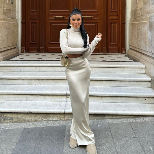 European And American Socialite Autumn High-grade Solid Color Slim Fit Long Dress Irregular Drape