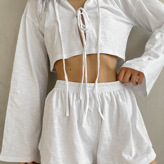 Long-sleeve Tie-front Cardigan And Cotton Shorts Pajama Set