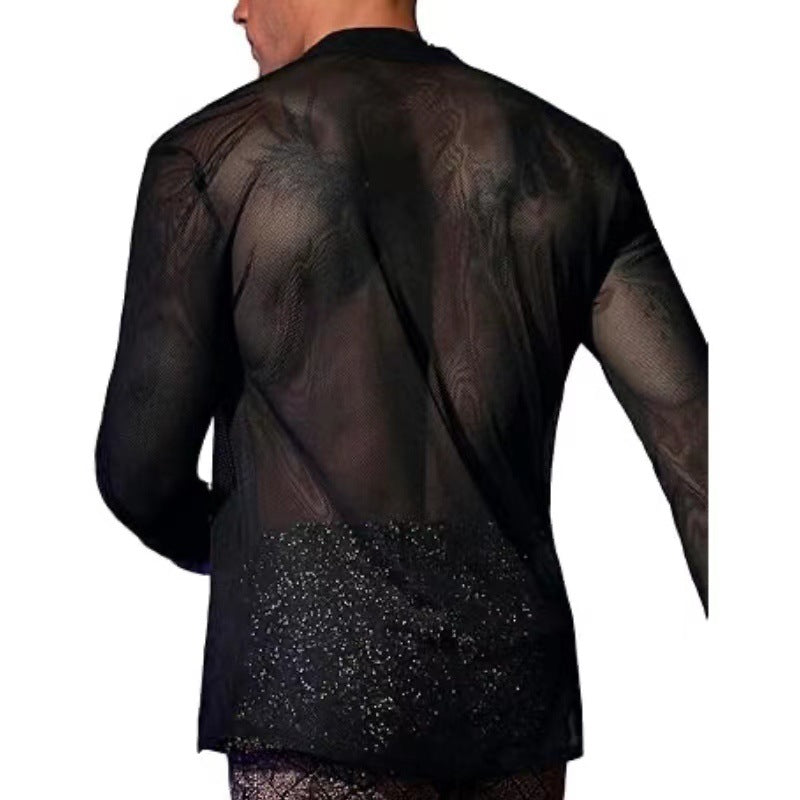 Men's Transparent Mesh V-Neck Cardigan Top