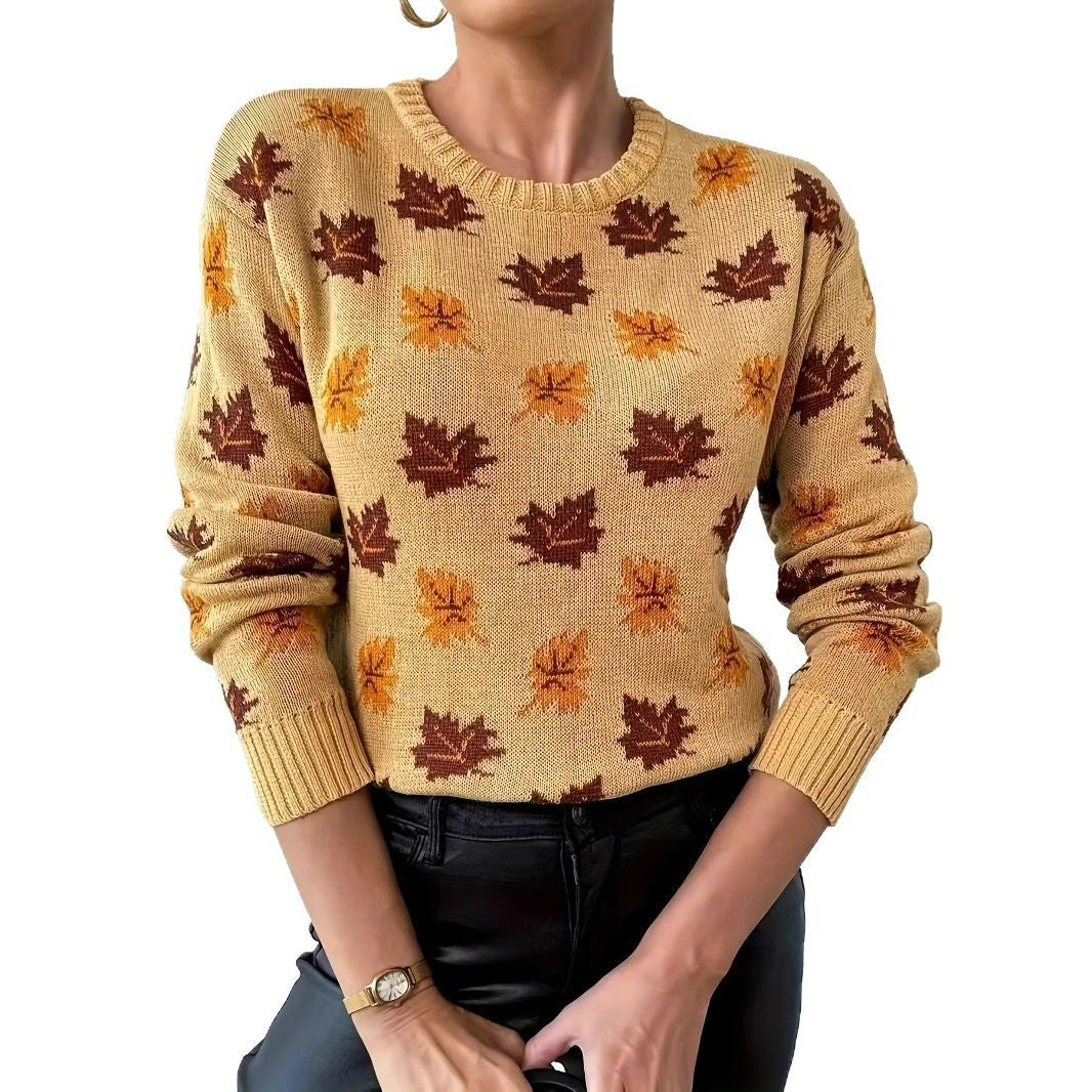 Maple Leaf Round Neck Loose Woolen Pullover Top