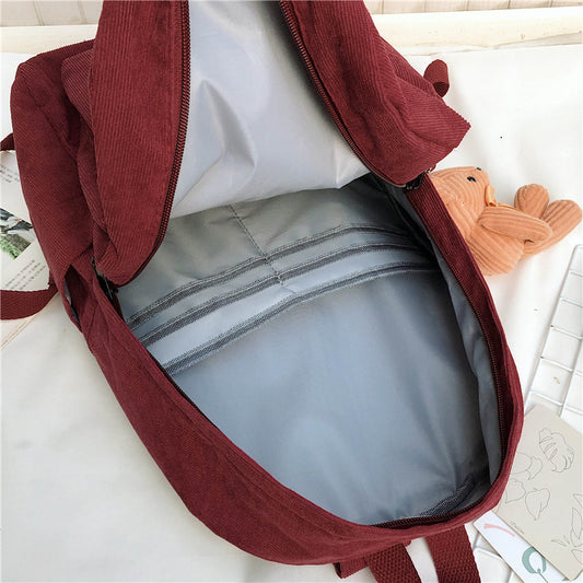 Versatile Simple Corduroy Backpack With Double Shoulders And Large Capacity