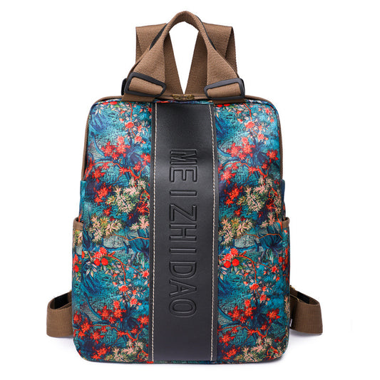 Retro Printed Wear-resistant Splash Proof Large Capacity Stitching Backpack For Women