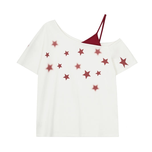 Five-pointed Star Printed Sloping-shoulder Off The-shoulder Short-sleeved T-shirt For Women