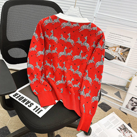 Red Western Style Zebra Jacquard V-neck Long-sleeved Coat For Women