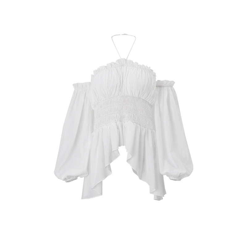 Off-shoulder Pleated Ruffled Slim Fit Lantern Long Sleeve Halter Top Women