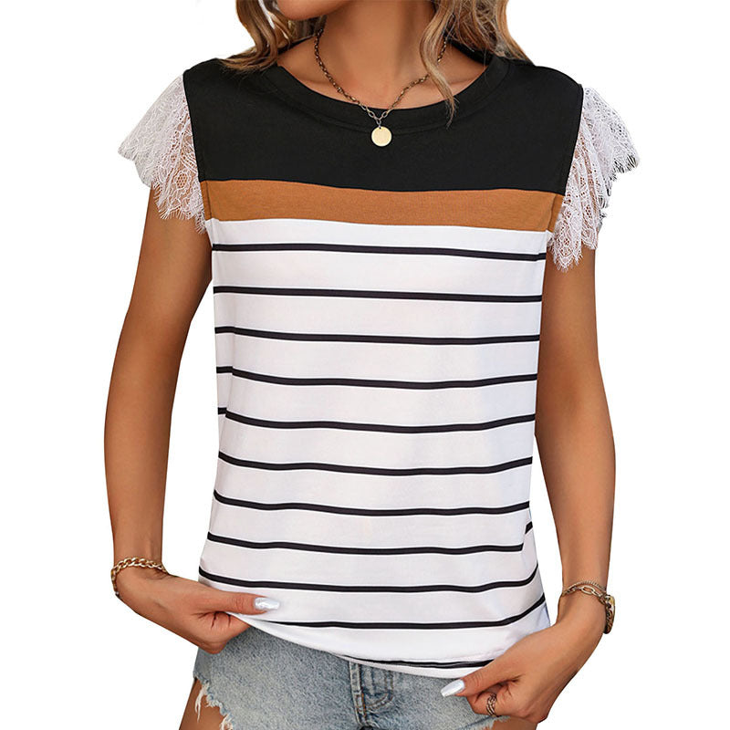 Women's Striped Color Contrast Patchwork T-shirt Lace Stitching Short Sleeve