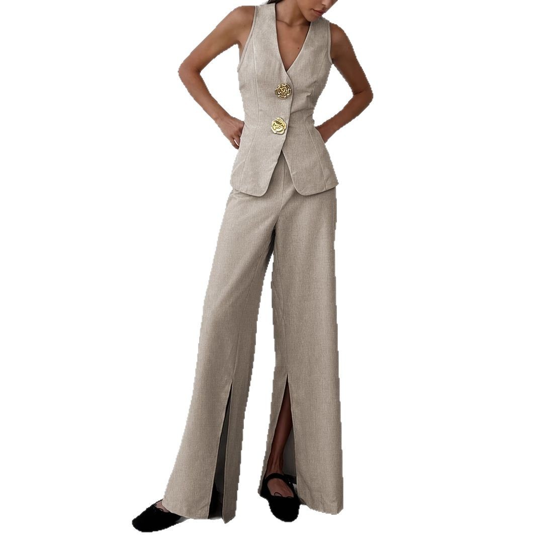 Elegant Breathable V-neck Sleeveless Split-front Wide-leg Pants Set