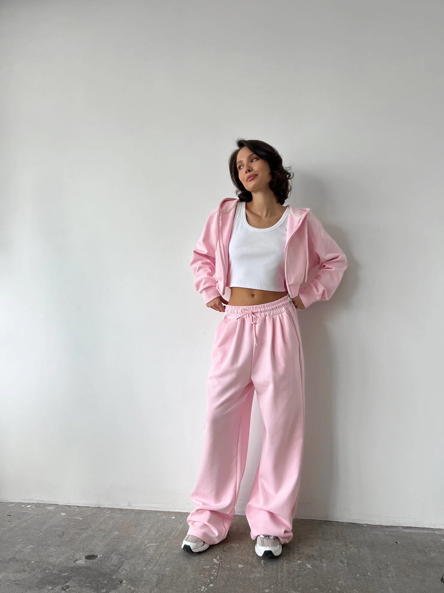 Casual Women's Suit Solid Color Long Sleeve Zip Hoodie Drawstring Sweatpants