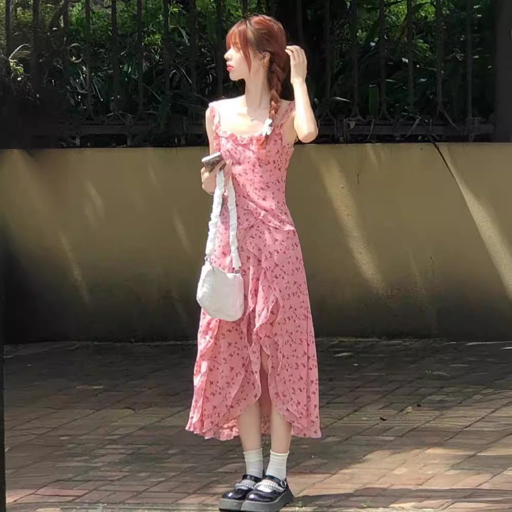 Womens Elegant Printed Slimming Slit Slip Dress
