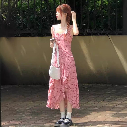 Womens Elegant Printed Slimming Slit Slip Dress