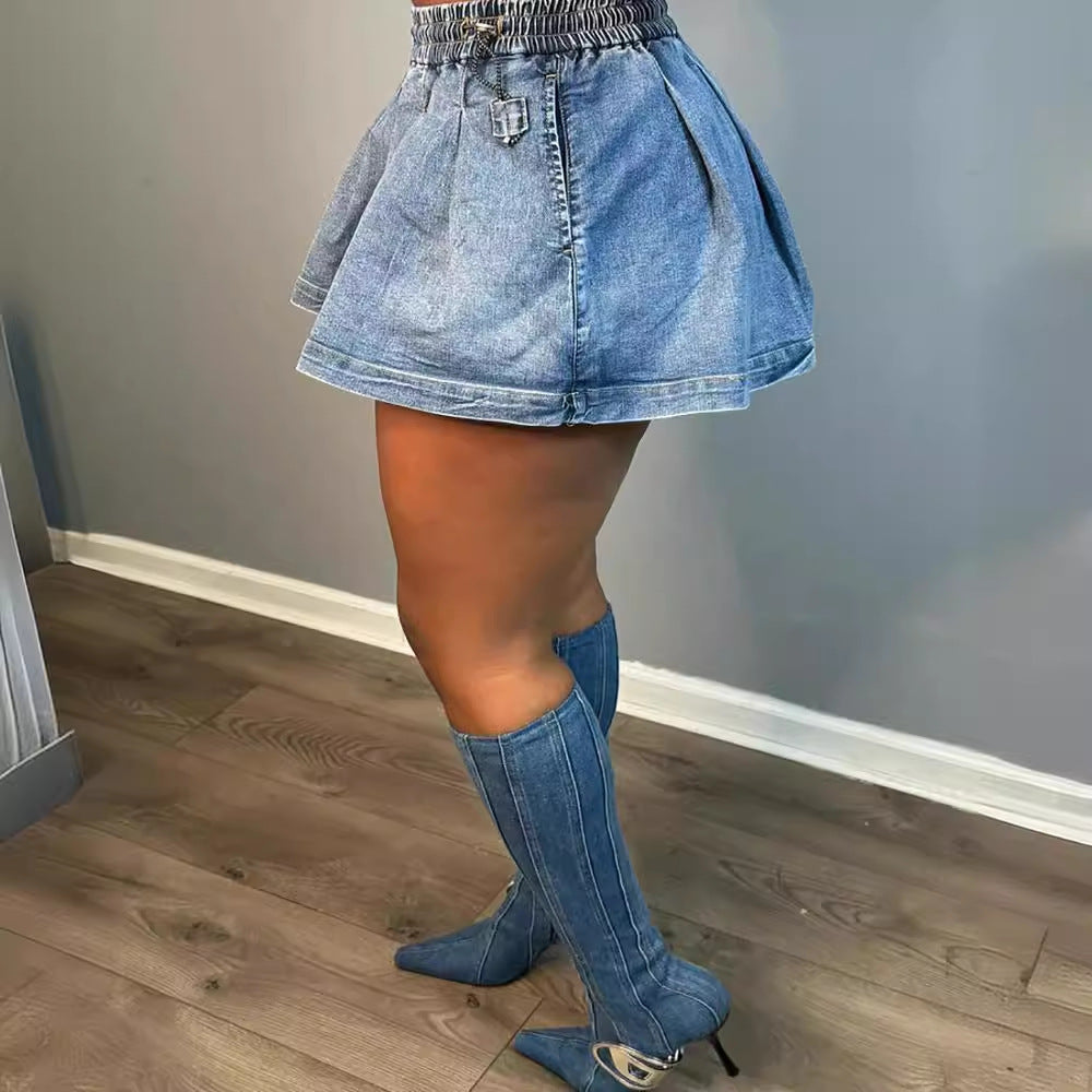 Women's Fashion All-matching Solid Color High Waist Crimp Denim Skirt