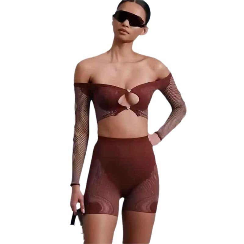 High-end Long-sleeved Top High-waisted Hollow-out Fashionable Women's Shorts Set For Outerwear