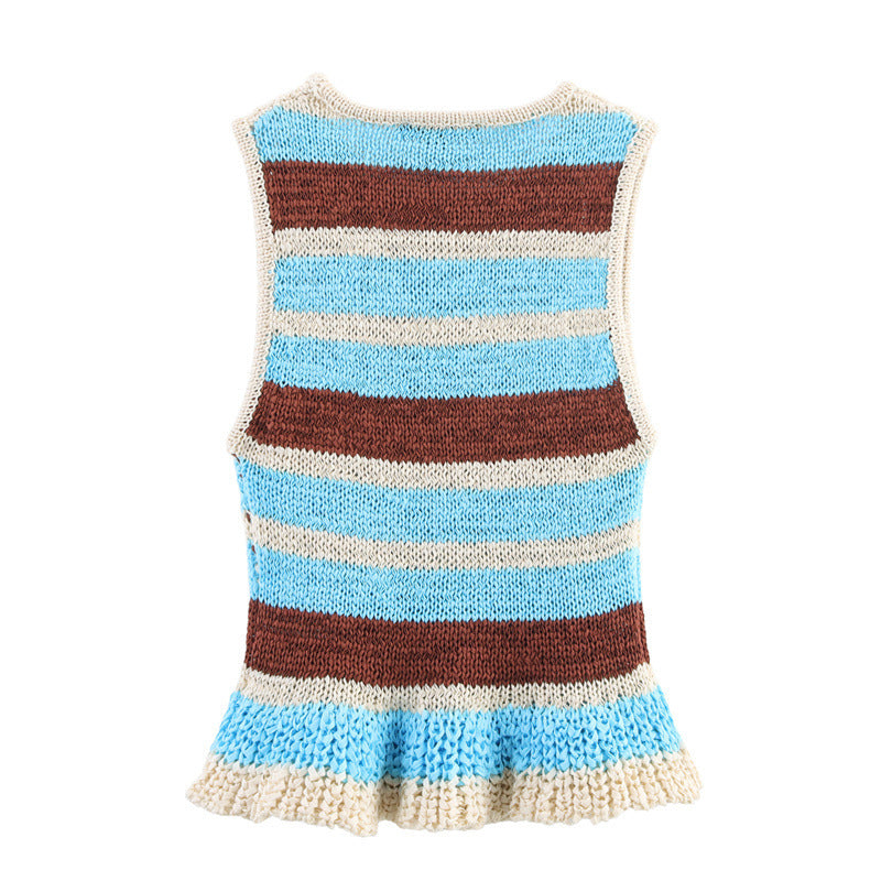 Laminated Decoration Striped Sleeveless Knitted Top
