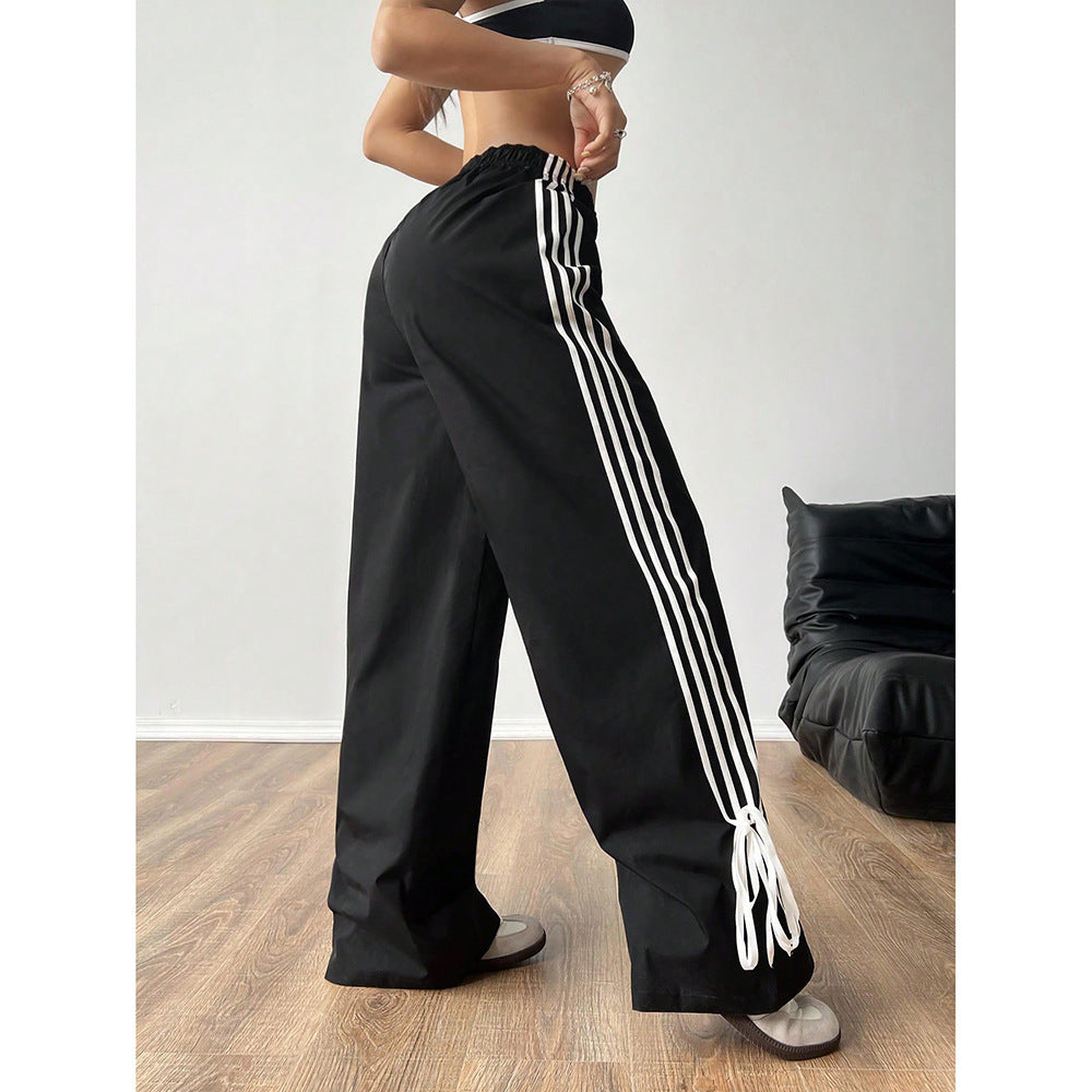 Womens High-Waisted Loose-Fit Wide-Leg Pants With Contrasting Striped Panels