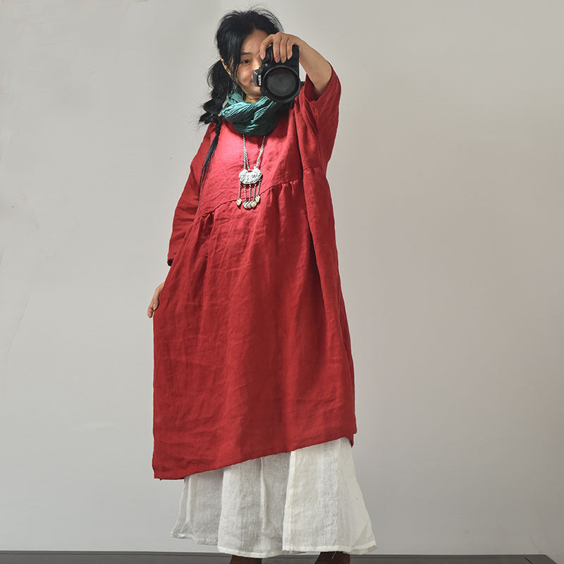 Original Linen Round Neck Embroidery Thread 34 Sleeve Swing Dress