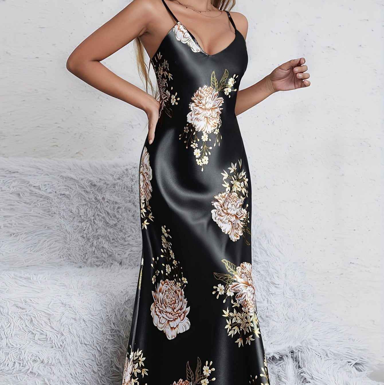 Womens European And American-style Floral-print Sleeveless Summer Loungewear Dress