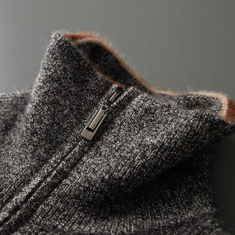 Mens High-Neck Ingot-Clasp Cardigan Sweater With Horizontal Stripes And Zipper Closure