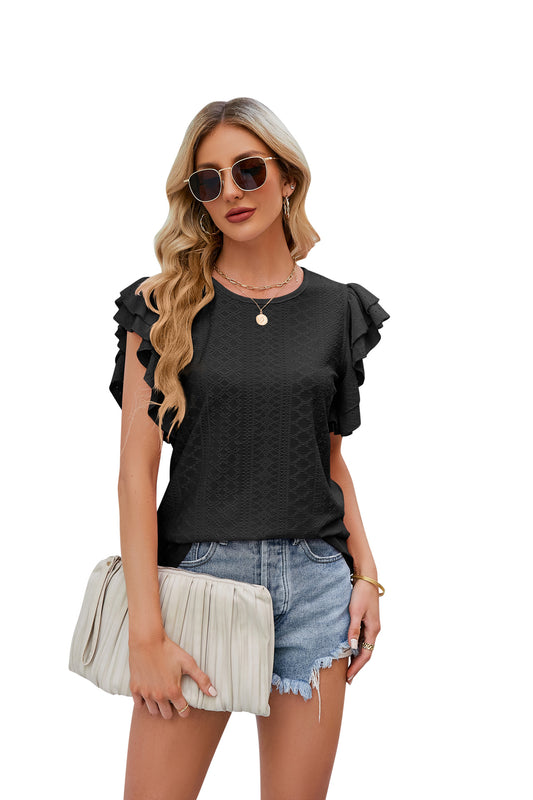 Rund Hals Dobbeltlags Flæseærme Hul Kortærmet