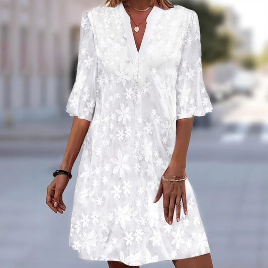 Womens White Floral Embroidery Elegant Dress