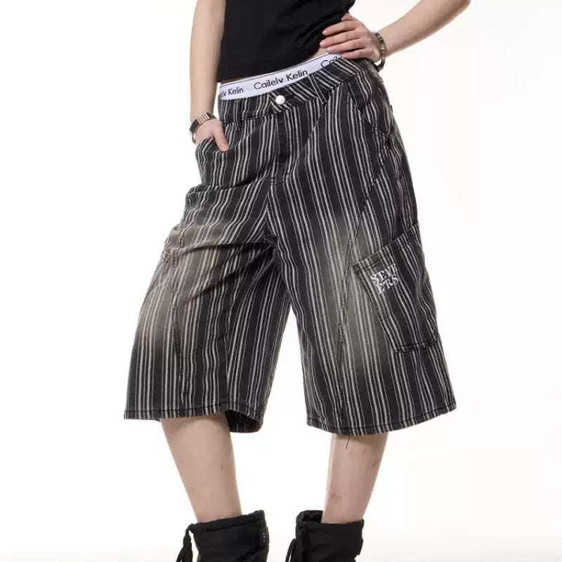 Retro Distressed Striped Cropped Trousers Women's Wide Leg