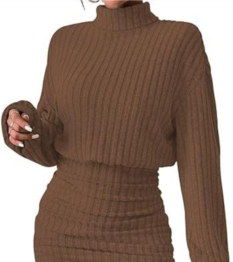 Hug-hem Long-sleeve Turtleneck Skirt Rib-knit Dress
