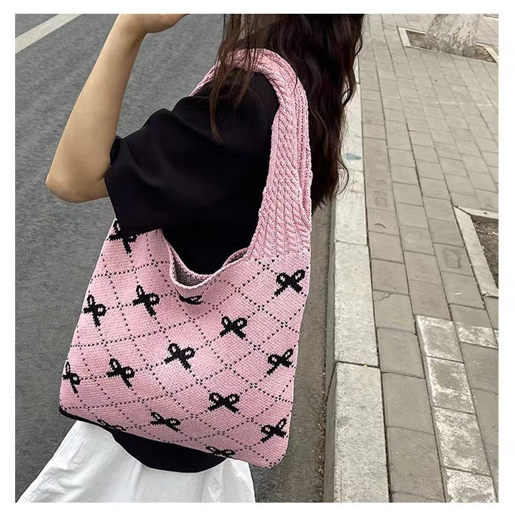 Bow High Sense Light Luxury Minority Shoulder Bag Casual Knitted Woven Bag
