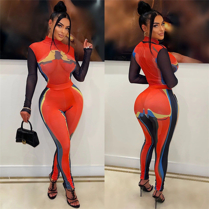 Women's Fashion Printing Slim Long-sleeved Tight Pants Set