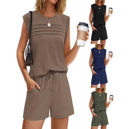 Womens Fashionable Comfortable Casual Solid-Color Tank Top And Shorts Set