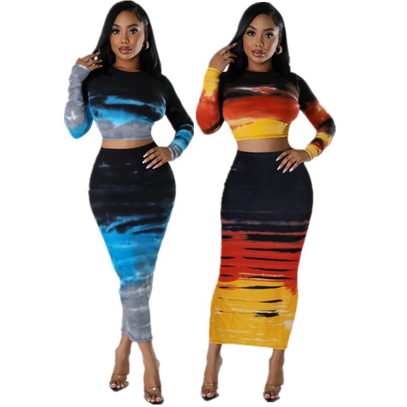 High-quality Ribbed Print Fashion Round-neck T-shirt Sexy Pencil Skirt Two-piece Set